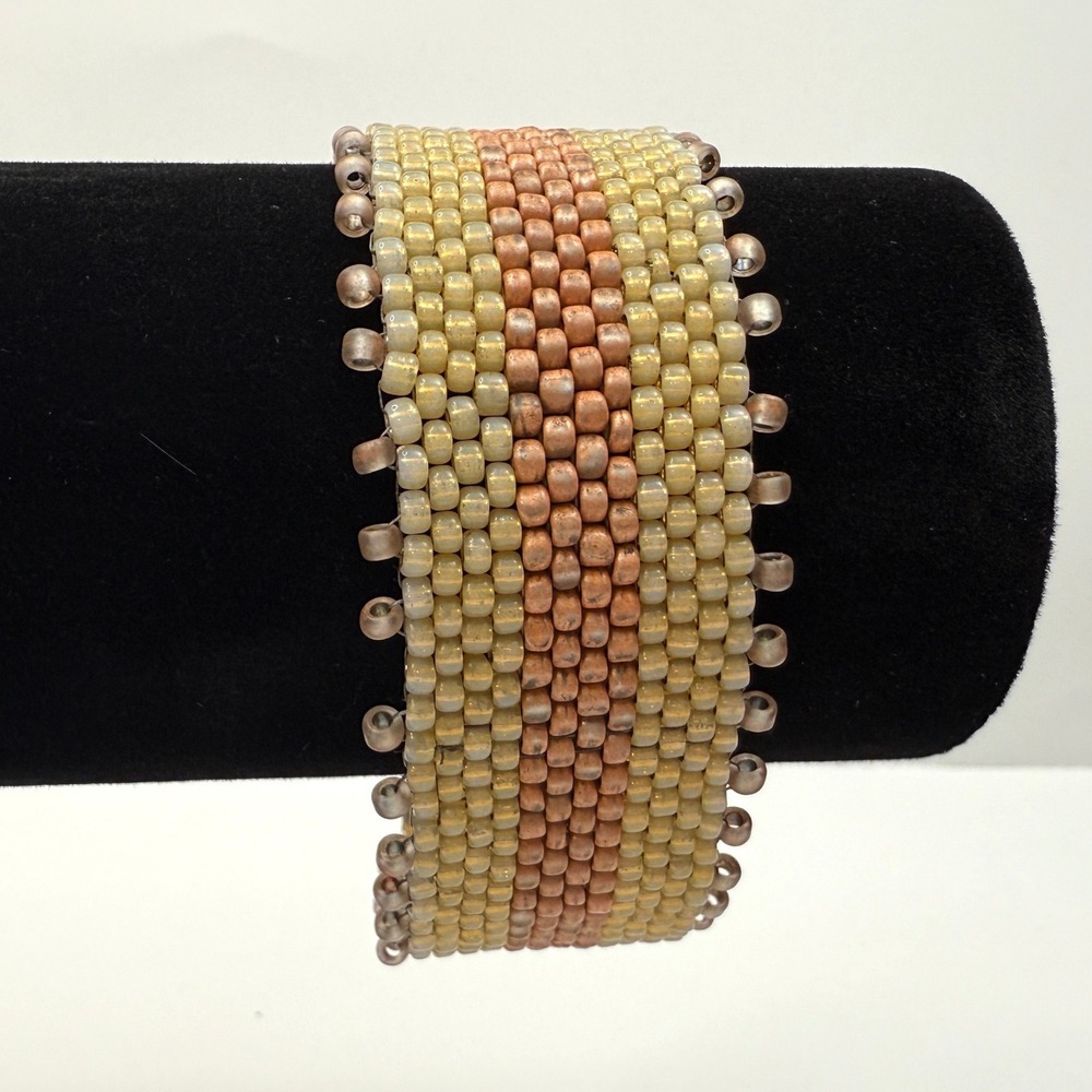 Handmade Seed Beaded Bracelet Gold Copper Cuff Fashion Jewelry Wrist Sz 7.5